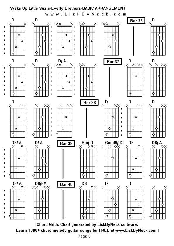 Chord Grids Chart of chord melody fingerstyle guitar song-Wake Up Little Suzie-Everly Brothers-BASIC ARRANGEMENT,generated by LickByNeck software.